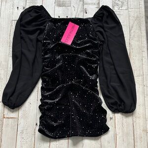 Black Velvet Ruched Mini Dress with Black Sheer Sleeves NWT